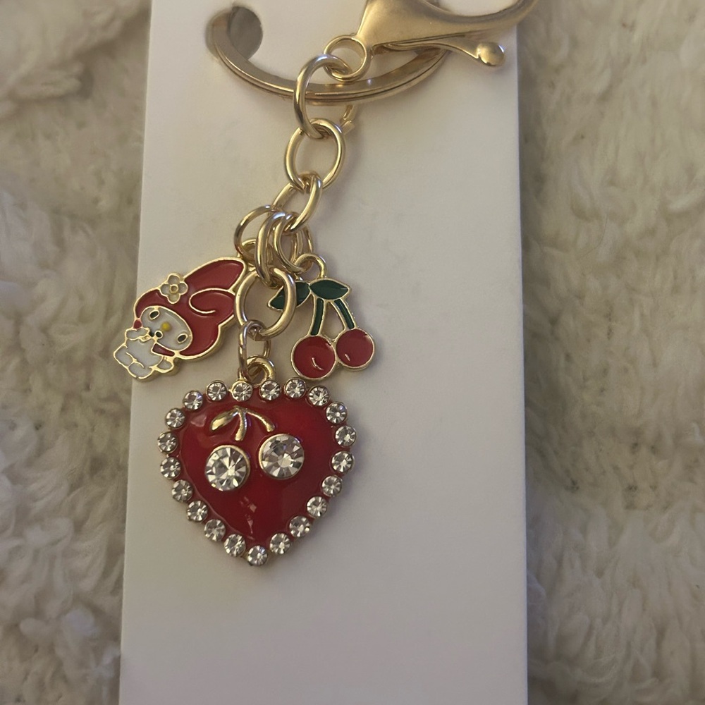 Gold with cherries and Red Heart Charm Keychain or bag charm